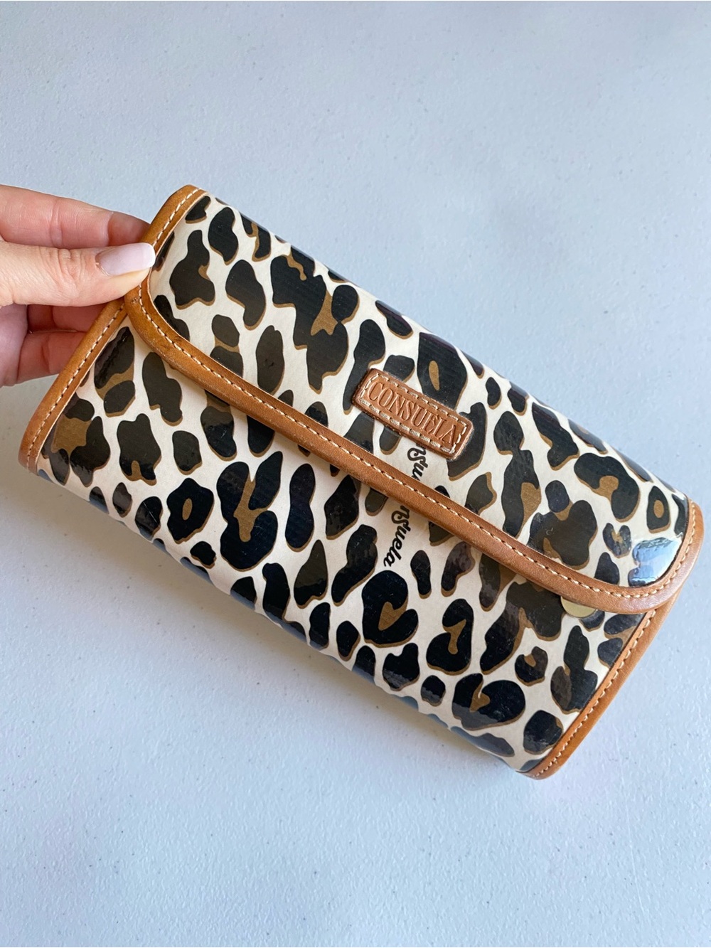 Consuela leopard brown tan patent leather flap clutch purse